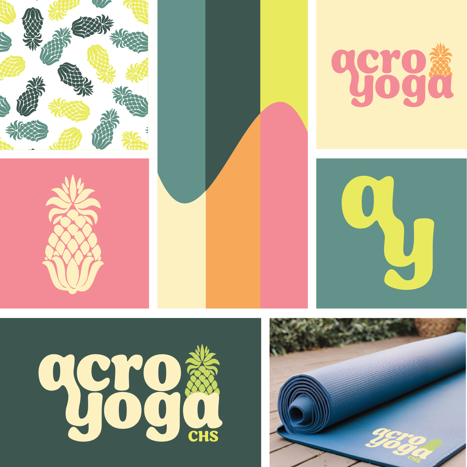 Brand overview showing logo variations, patterns, and mockups